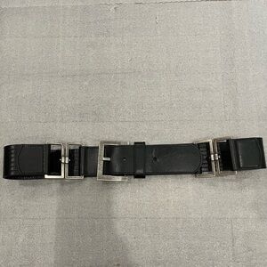 [Max41”]Sarah Pacini Black Leather Pewter Mixed Boho Wide Belt